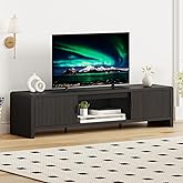 FATORRI TV Stand for 75/65/55 Inch TVs, Mid Century Modern Entertainment Center with Storage, Wooden Television Media Console Cabinet with Fluted-Door for Living Room, Bedroom (63 Inch W, Black)