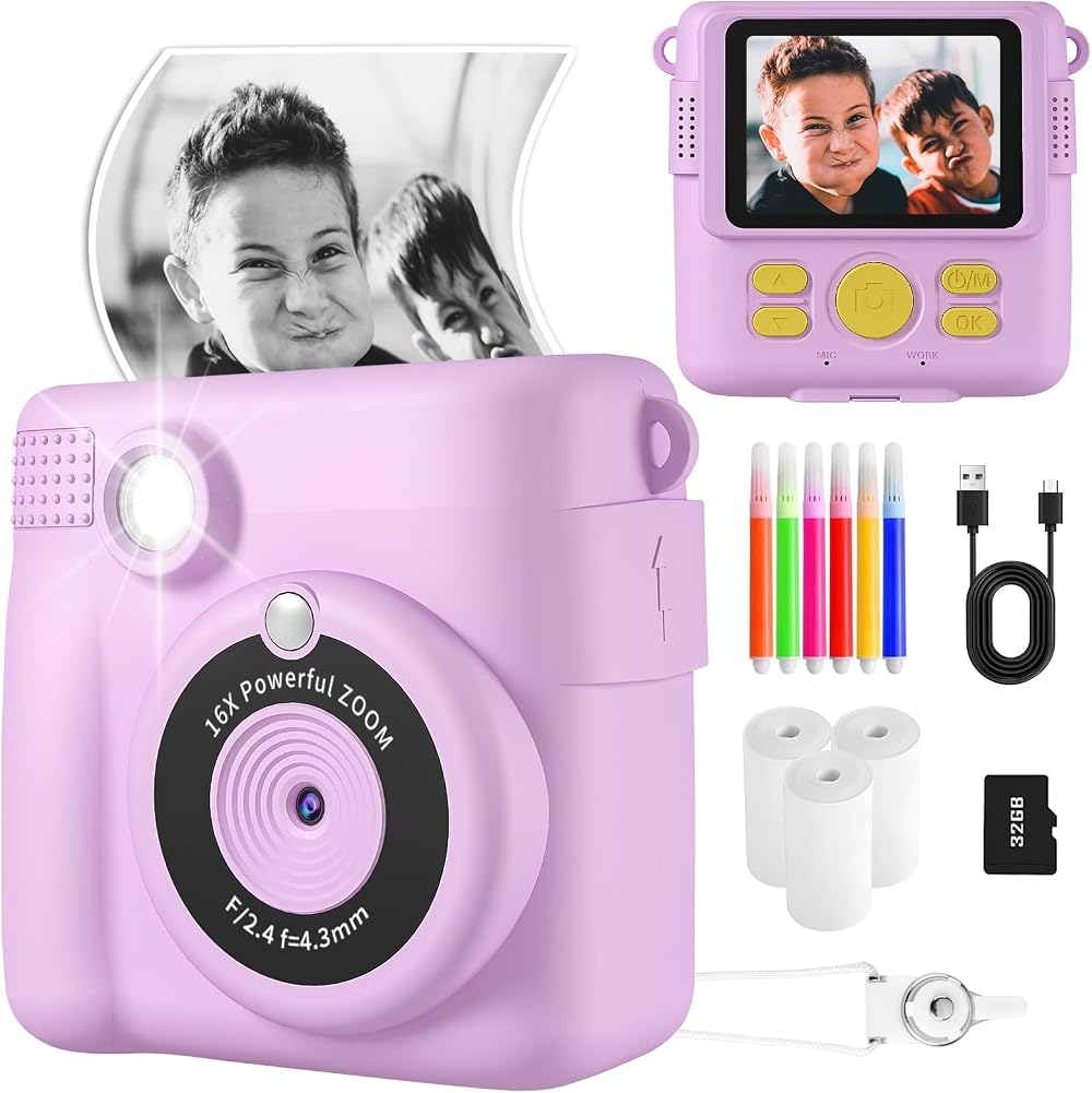 YKSLEMON Instant Print Camera for Kids 1080P 32G Card 3 Rolls Paper