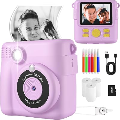 YKSLEMON Instant Print Camera for Kids 1080P 32G Card 3 Rolls Paper