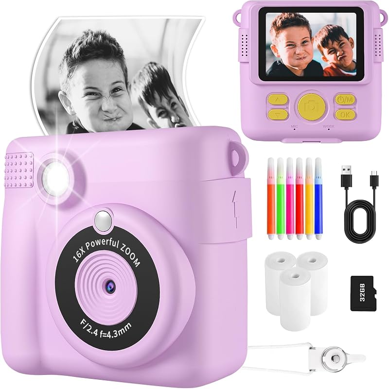 YKSLEMON Instant Print Camera for Kids 1080P 32G Card 3 Rolls Paper