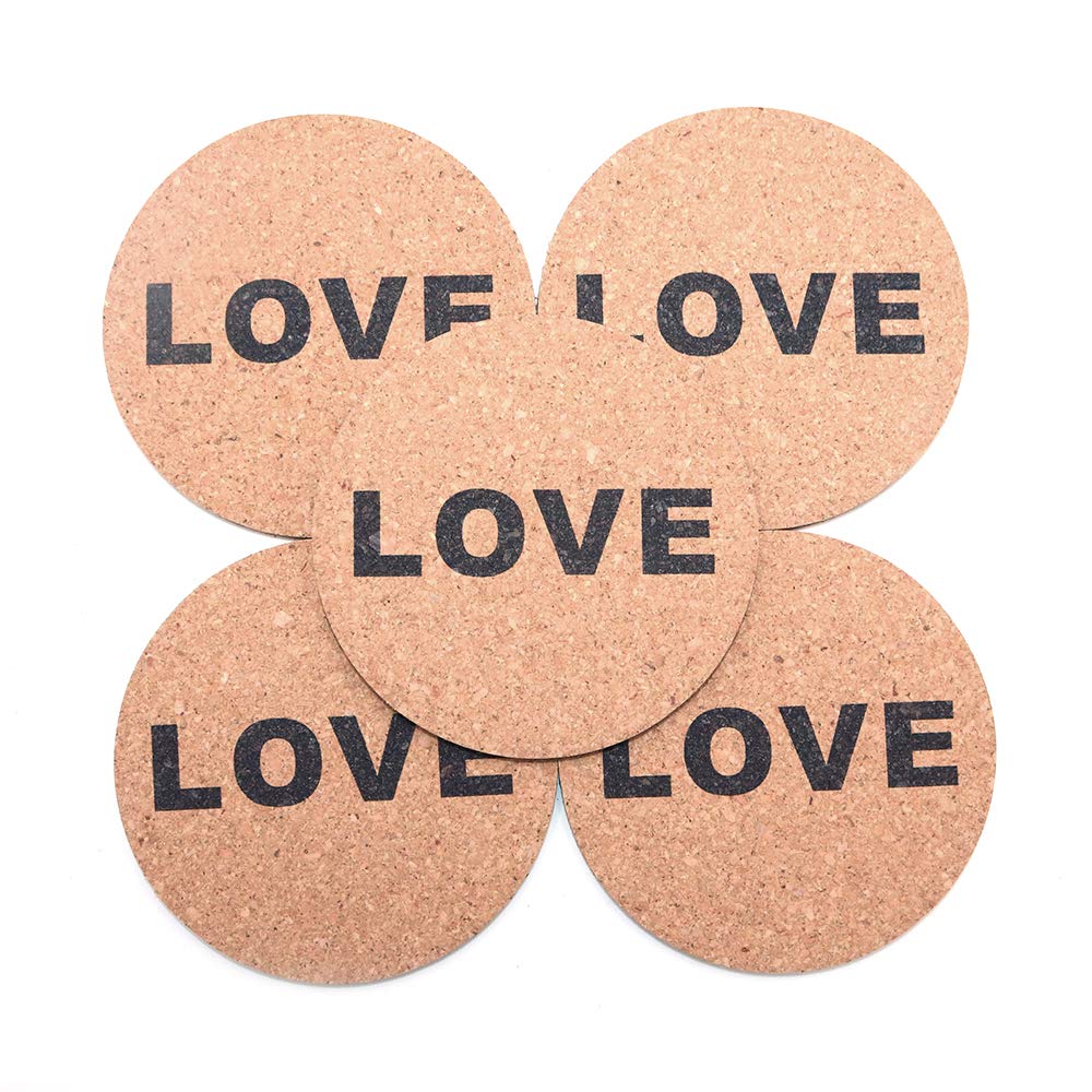 Shiwaki 5Pcs Diameter 4" Cork Round Coasters Surface Protectors Protect Your Furniture, Moisture Absorbent Heat Resistant - LOVE