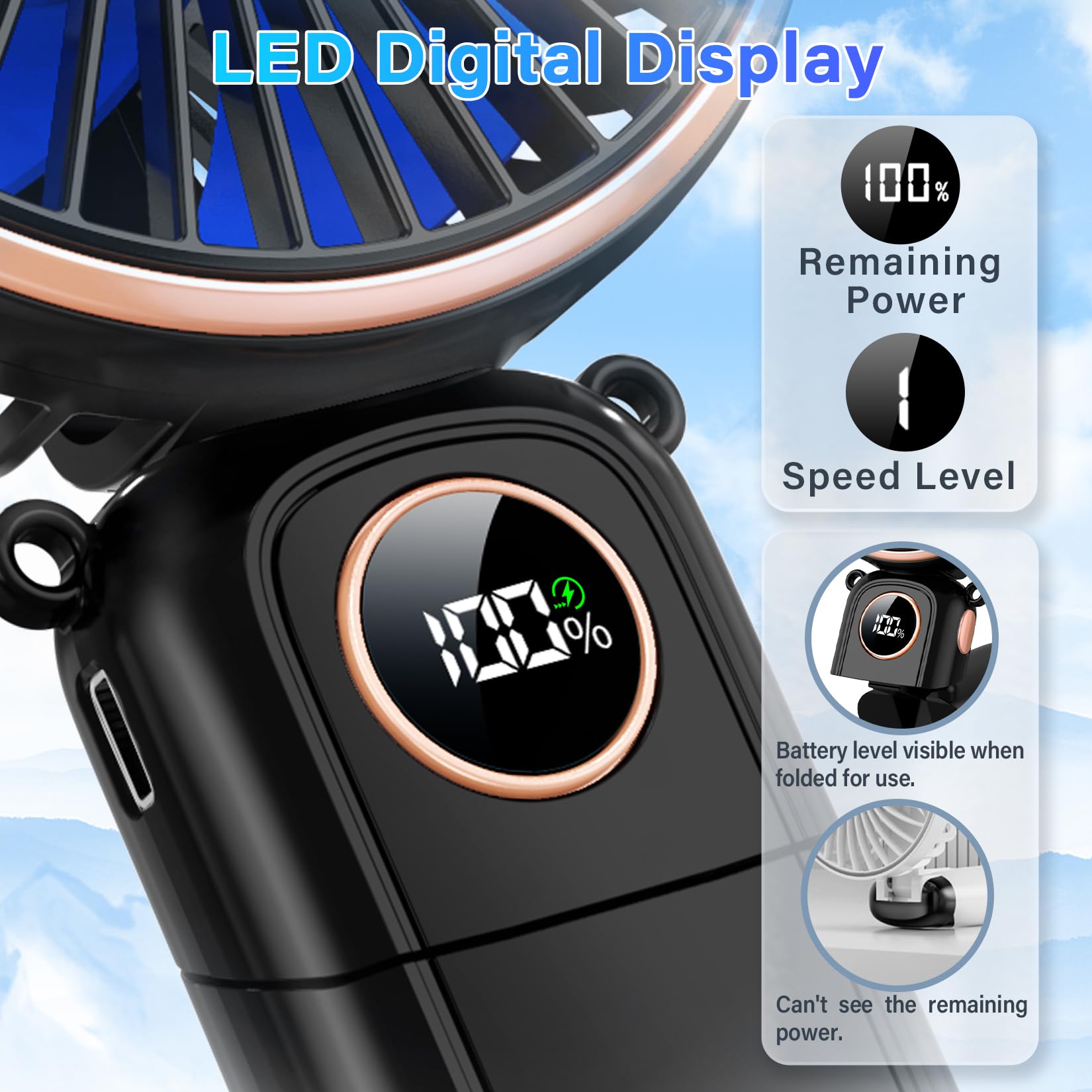 Portable Handheld Fan 5200mAh, USB Rechargeable Foldable Electric Personal Small Mini Hand Held Fan, 22Hrs Runtime, 6 Speeds, LED Display, Battery Powered, Gift for Men, Women, Travel, Outdoor, Makeup