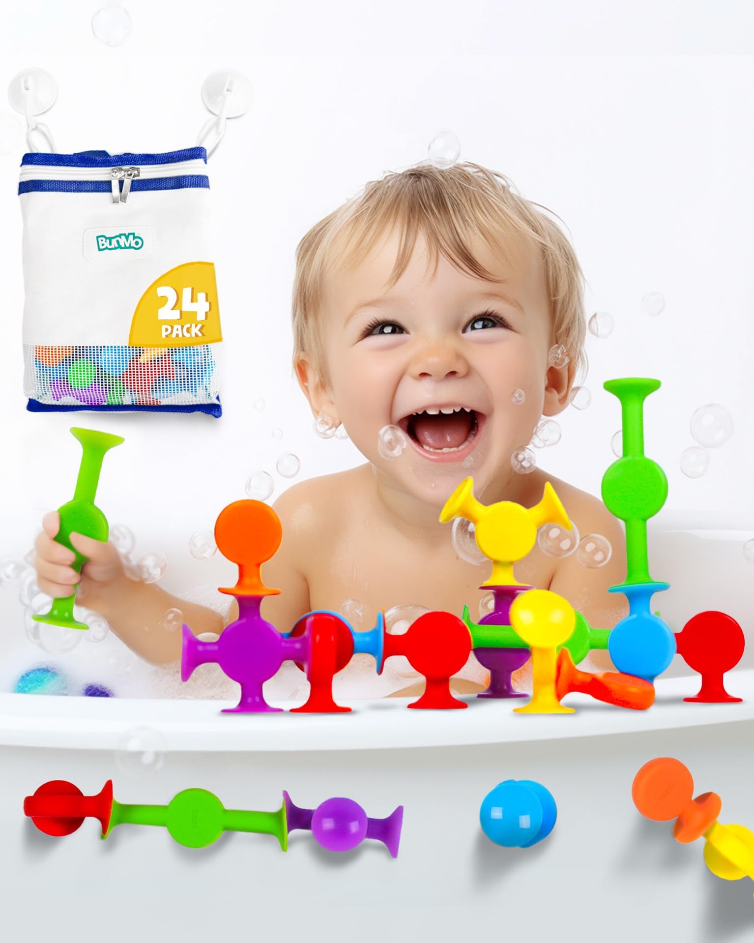 BUNMO Toddler Easter Basket Stuffers - Bath Toys Suction - Easter Gifts for Kids - Fine Motor Skills - Stimulating Sensory Toys - Non-Mouthable 3+ - Smooth 24 Pack