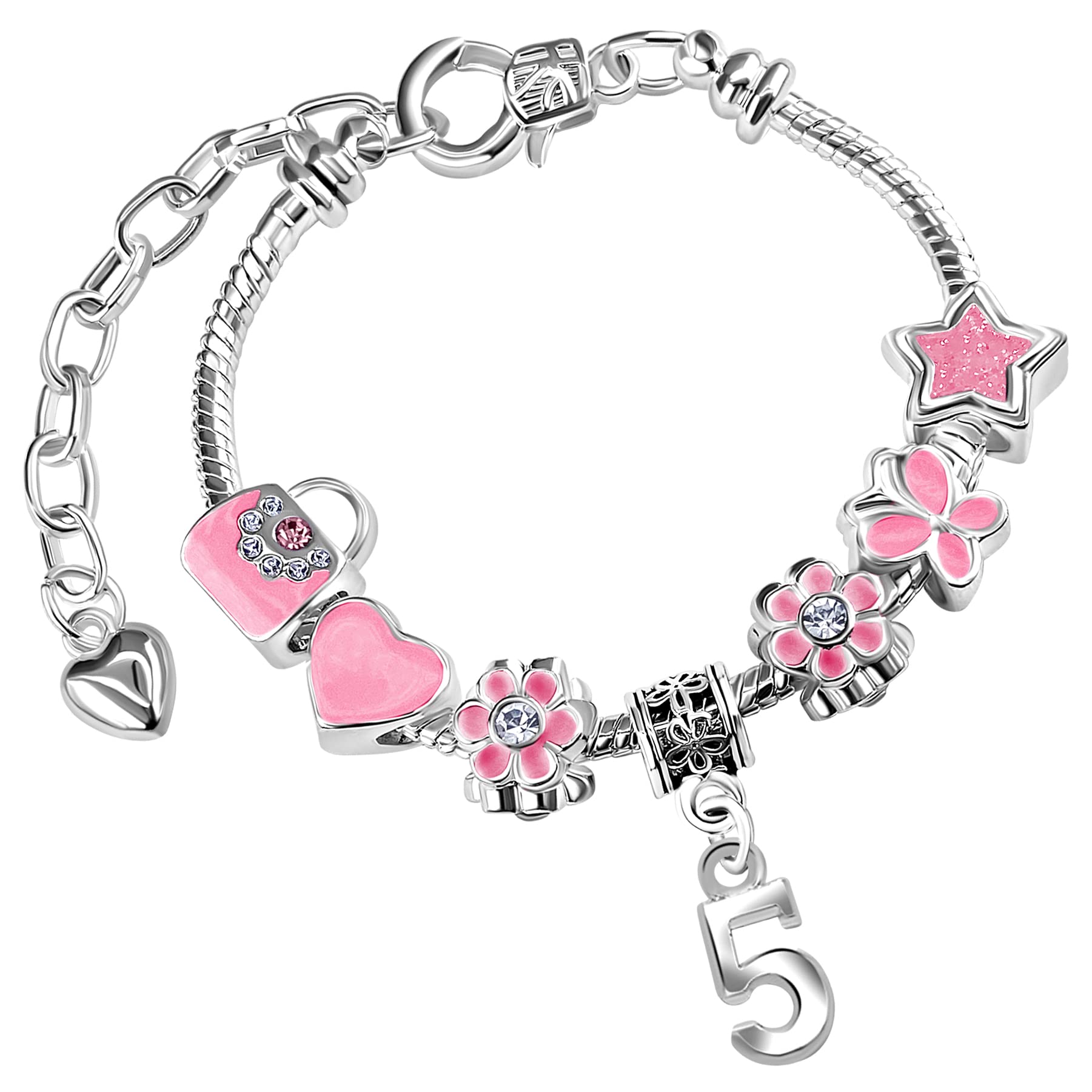 Girls 5th Birthday Sparkly Pink Handbags and Butterflies Silver Plated Adjustable Charm Bracelet with Gift Box 5th Birthday Gifts for Girls Age 5 — image 1
