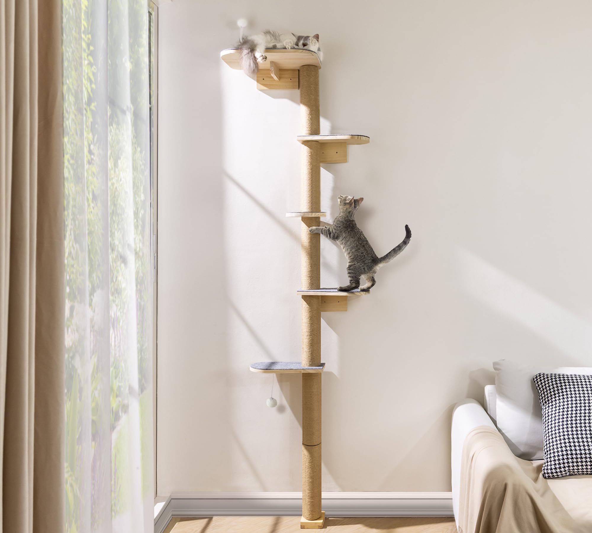 Photo 1 of Floor to Ceiling Cat Tree for Kittens, 5-Tier Wall Mounted Cat Wall Shelves with Grey Felt Pads, Adjustable Wild Simulation Cat Tower, Natural Pine Wood Platforms for Climb, Scratch and Lookout