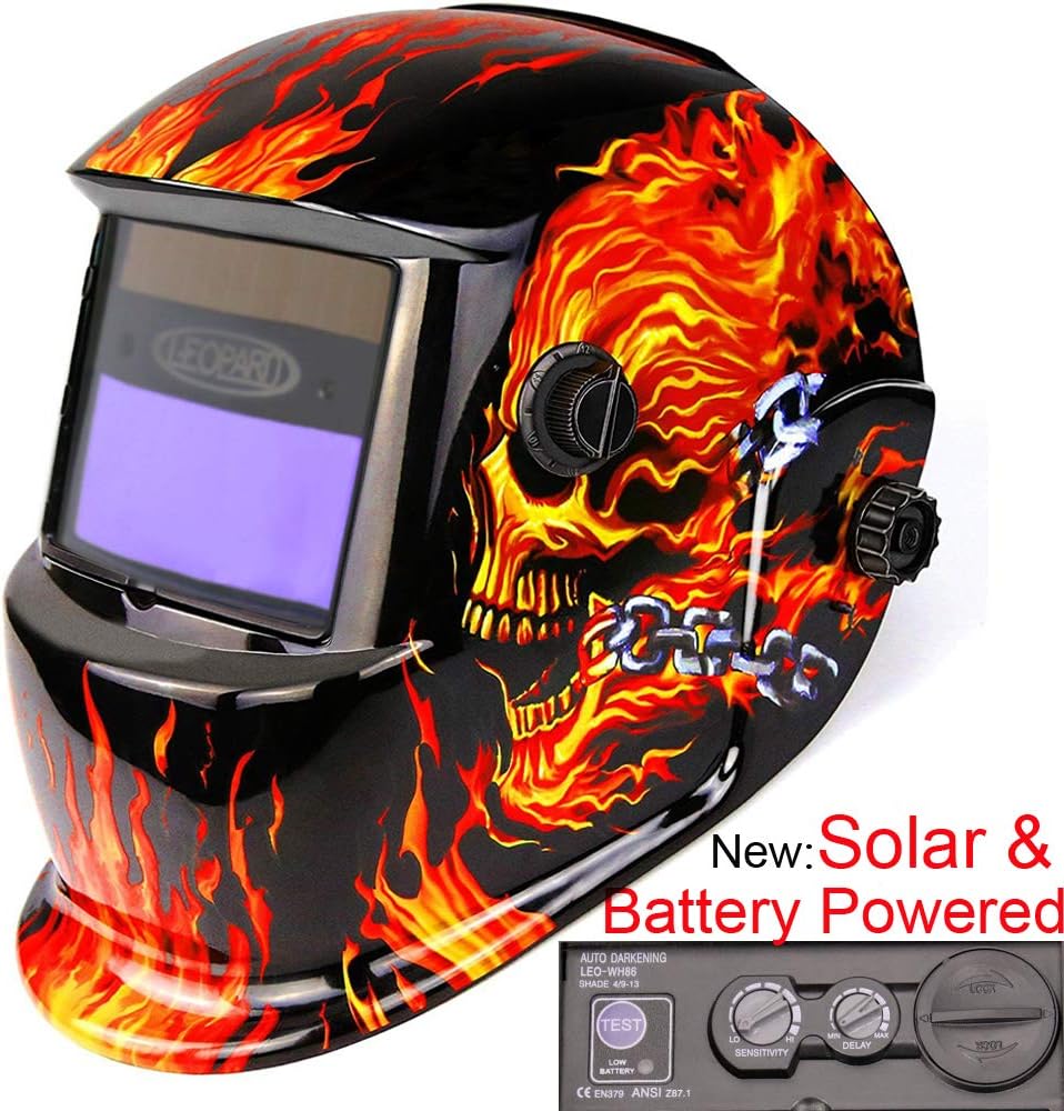 Leopard Large View, Solar & Battery Powered, DIN9~13 Shade, Auto Darking + Grinding Function Welding Helmet {Skull} Safety Gear
