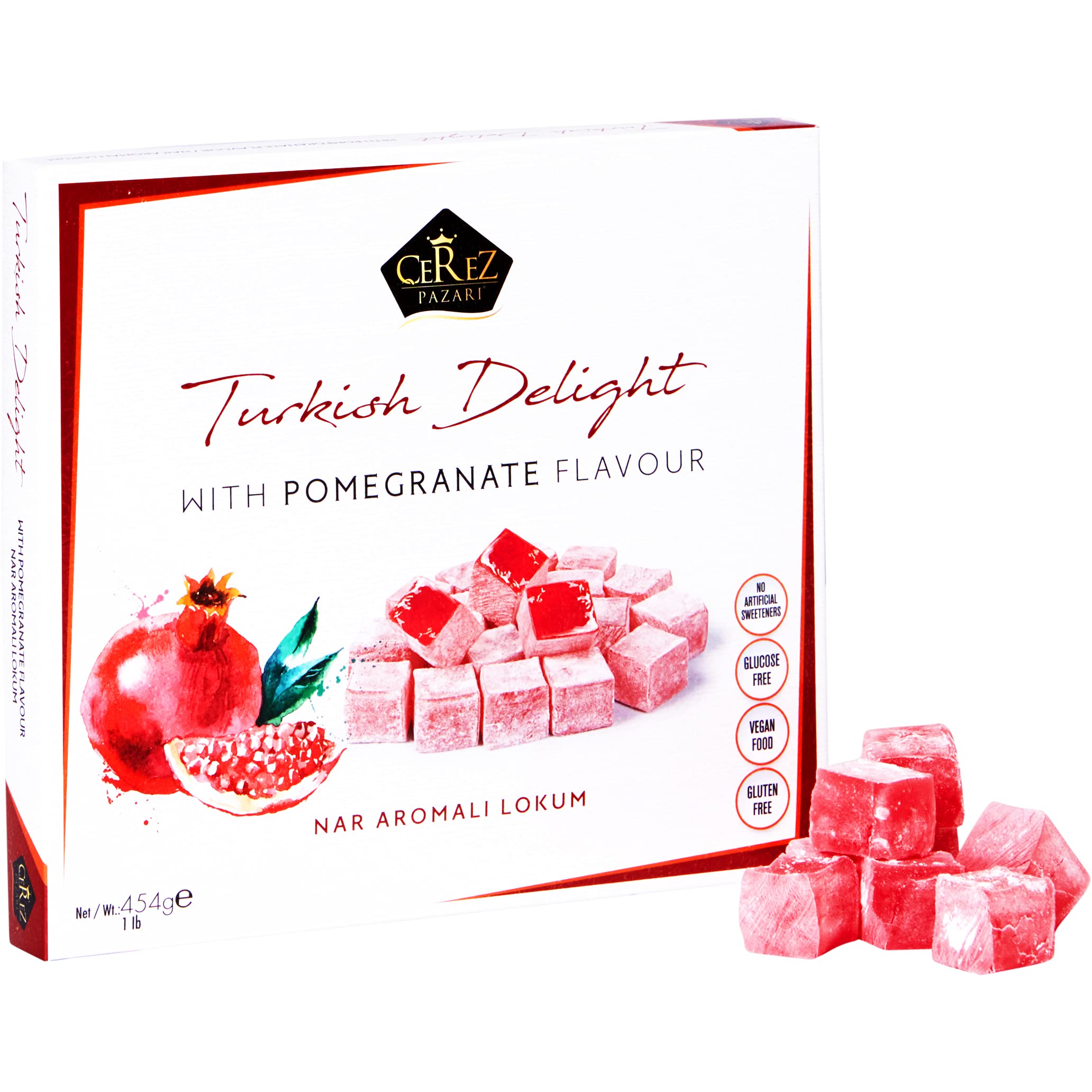 Cerez Pazari Turkish Delight with Pomegranate Flavour 454g, Gourmet Medium Size Snacks Gift Box No Nuts Sweet Luxury Traditional Confectionery Vegan Candy Dessert Glucose Free Lokum