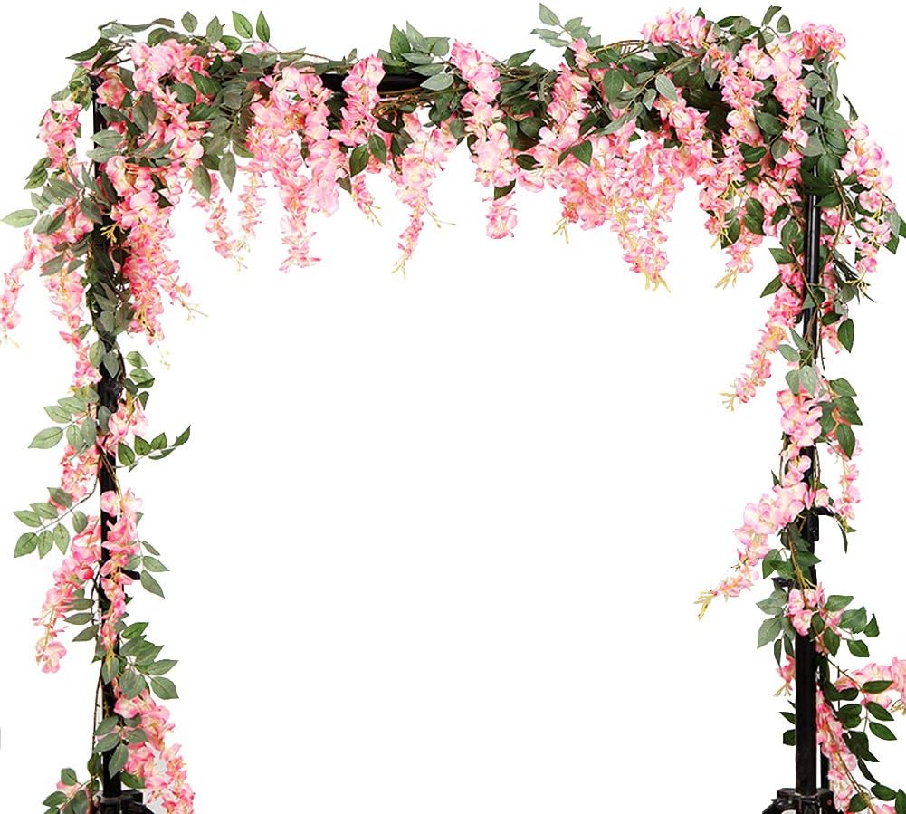 LESHABAYER 5.6 Feet/pcs Artificial Silk Wisteria Vine Rattan Hanging Flower Garland Ivy Plants for Outdoor Wedding Party Home Garden Wall Decoration,Pack of 4 (Pink)