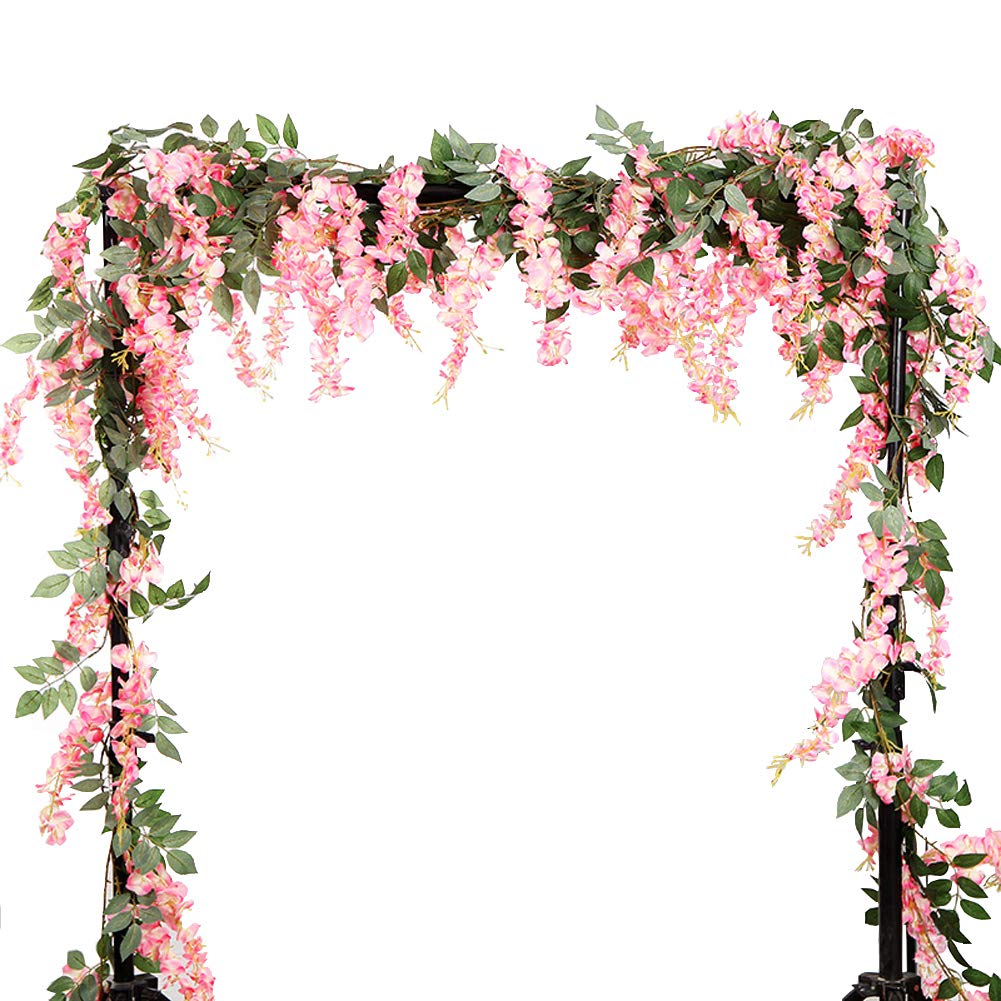 LESHABAYER 5.6 Feet/pcs Artificial Silk Wisteria Vine Rattan Hanging Flower Garland Ivy Plants for Outdoor Wedding Party Home Garden Wall Decoration,Pack of 4 (Pink)