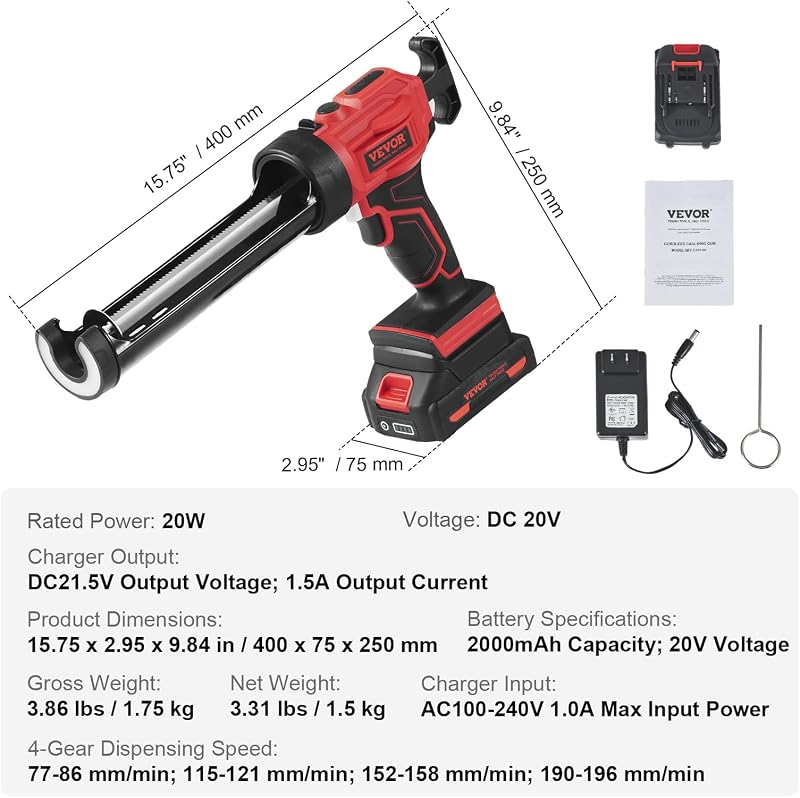 Pistola de Cartucho Inalámbrica de 300 ml Pistola de Calafateo Eléctrica de 20 V Pistola de Silicona con Batería de 2,0 Ah Cargador Rápido Antigoteo 4 Velocidades para Calafatear, Llenar, Sellar