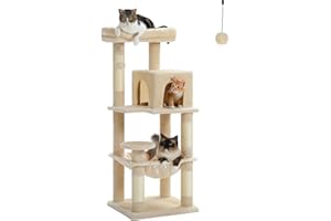PETEPELA 45.7" Cat Tree for Indoor Cats, 5-Level Cat Tower for Large Cats with Metal Frame Large Hammock (17.3"x15.3"), Cat Condo with (18.5"x13") Big Top Perch & 4 Sisal Covered Scratching Post Beige