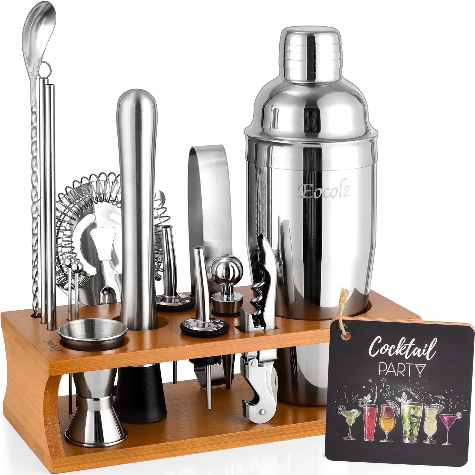 Cocktail Making Set, Cocktail Shaker Set 750ml Stainless Steel Bar Tool Set Bartender Kit with Bamboo Display Stand for Home & Bar (Silver Cobbler - 17PCS)