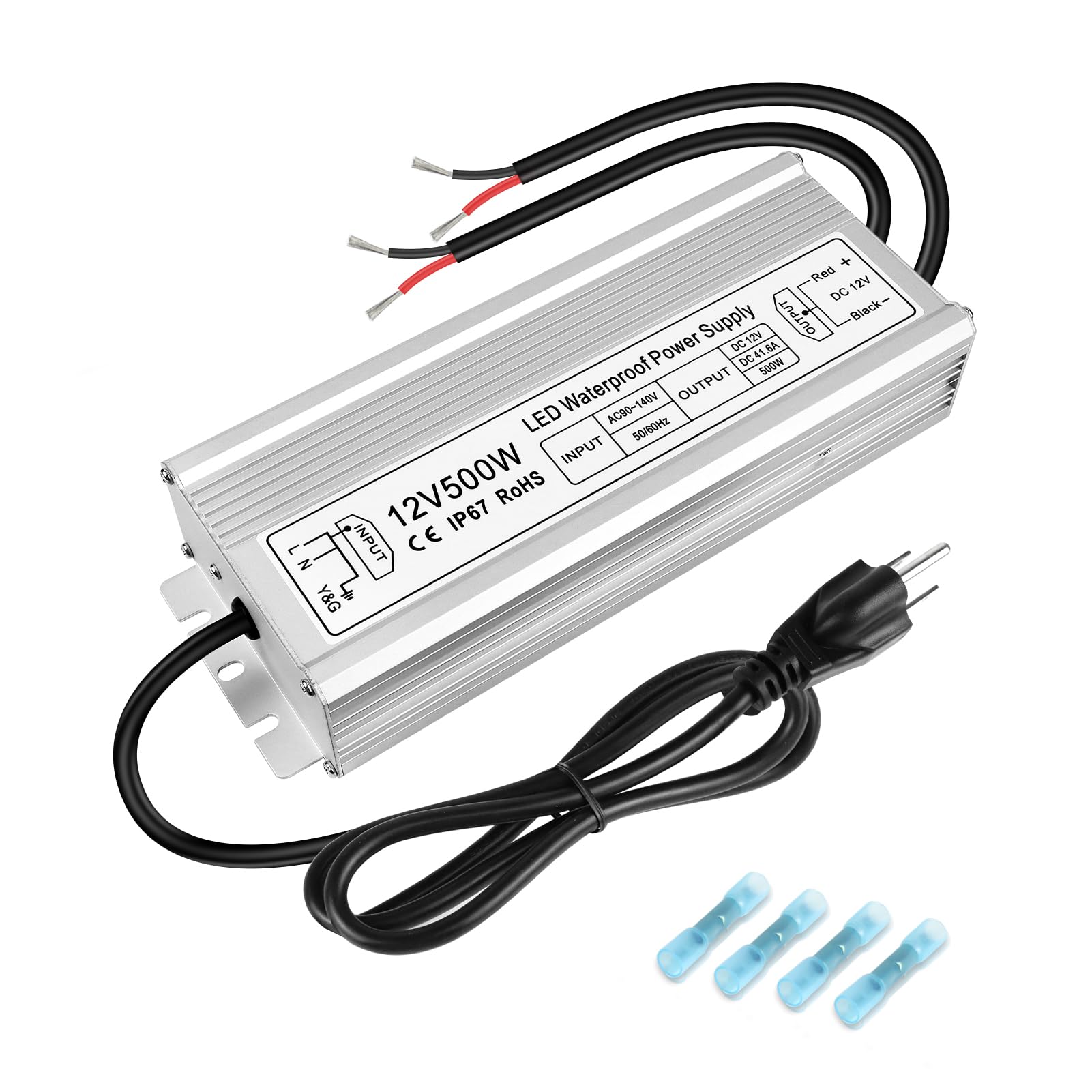 Photo 1 of 12V 500W LED Power Supply, IP67 Waterproof LED Driver, Low Voltage Transformer, AC 90-140V to DC 12V 41.6A Converter with 3-Prong Plug 3.3 Ft Cable for Outdoor LED Light, Landscape Light, Industrial