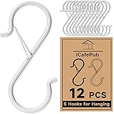 12 PCS S Hooks for Hanging with Safety Buckle, Heavy Duty Metal S Hooks | 3.5 inch S Shaped Hanger Hooks for Hanging Kitchen Utensil, Cups Pots Pan Closet Plants Purse Bags Hats (White)