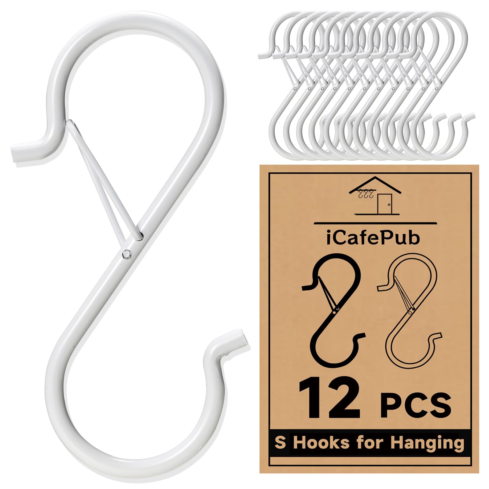 Photo 1 of 12 PCS S Hooks for Hanging with Safety Buckle, 3.5 inch Heavy Duty Metal S Shaped Hooks Stainless Steel for Hanging Kitchen Utensil, Cups, Pots, Plants, Bags, Hats (White)