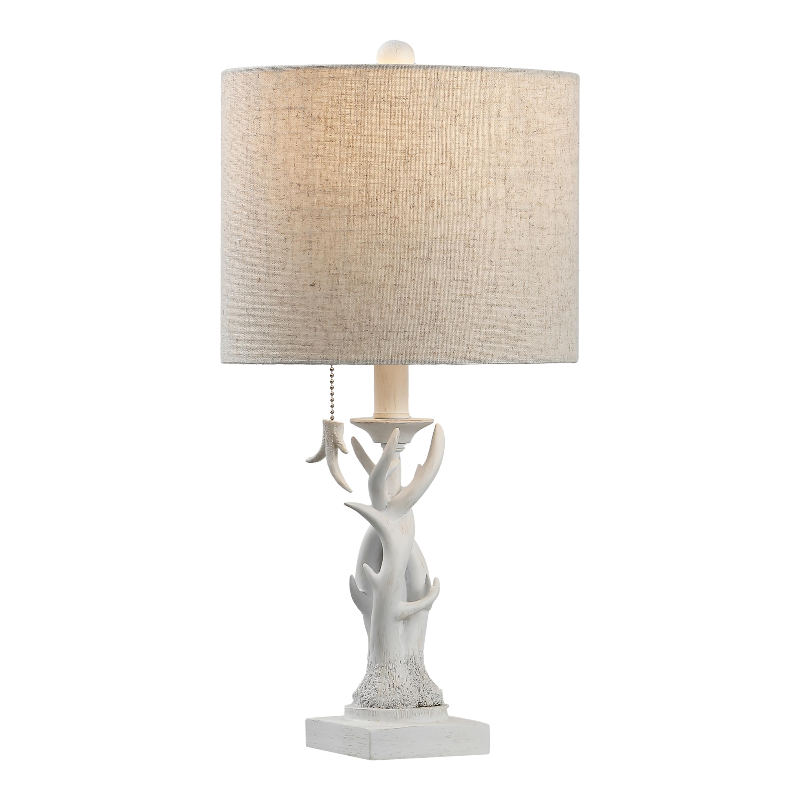 JONATHAN Y JYL1031C 20.5" Rustic Faux Antler Table Lamp for Living Room Bedroom, Farmhouse Lodge Cabin Style Bedside Nightstand Lamp with Grey Linen Drum Shade and Pull Chain, Antique White Image