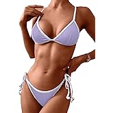 ZAFUL Women's Triangle Bikini Tie Side Whip Stitch String Bikini Two Piece Swimsuit Bathing Suits (3-Mauve, M)