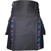 Modern Utility Kilts-Men'sScottish Hybrid Black Cotton & Acrylic Wool Tartan Utility Kilts with Leather Straps