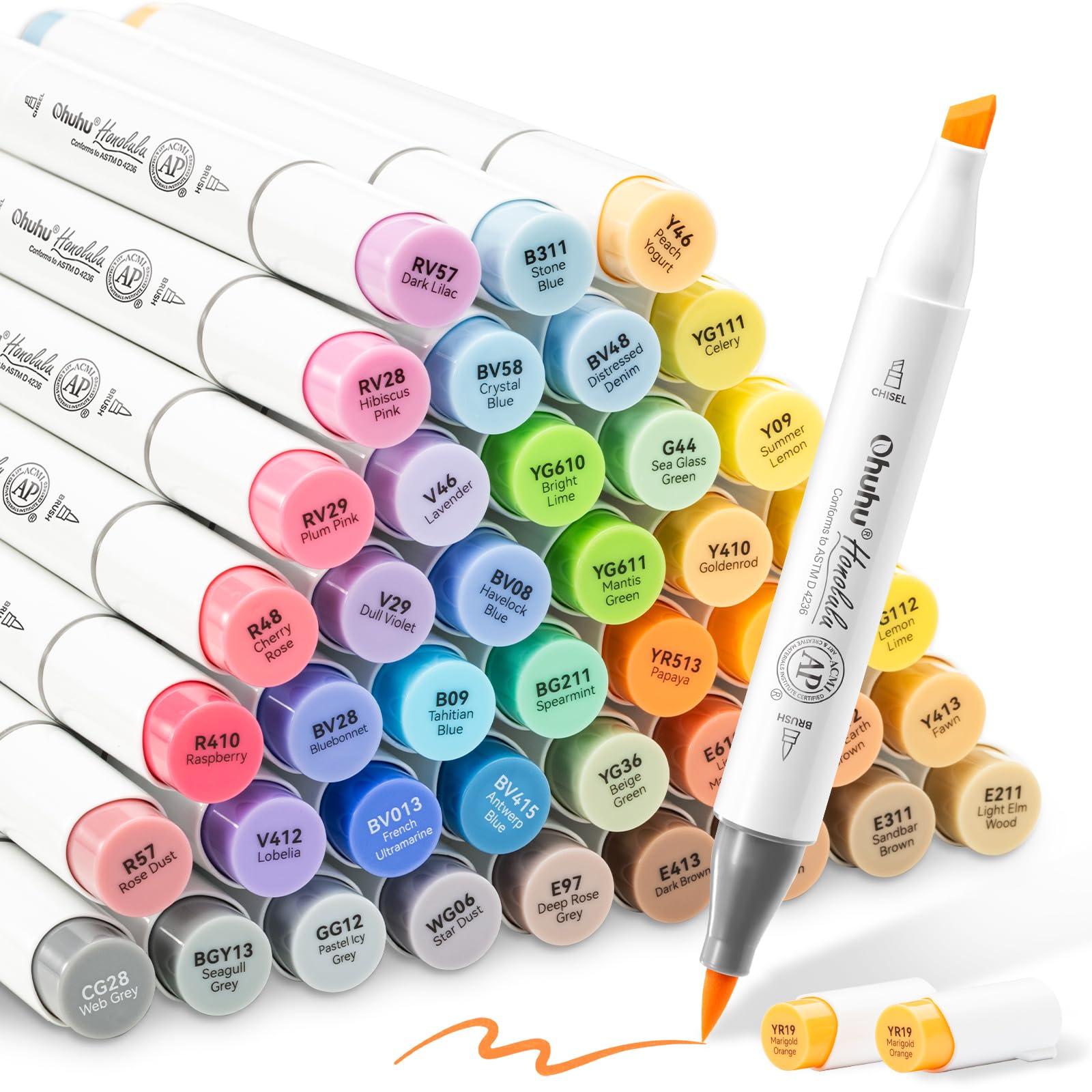 Ohuhu Alcohol Brush Markers 48 Mid-tone Colors- Double Tipped Alcohol Based Art Marker Set for Artists Adults Coloring Sketch Illustration- Brush & Chisel Dual Tips- Honolulu- Refillable