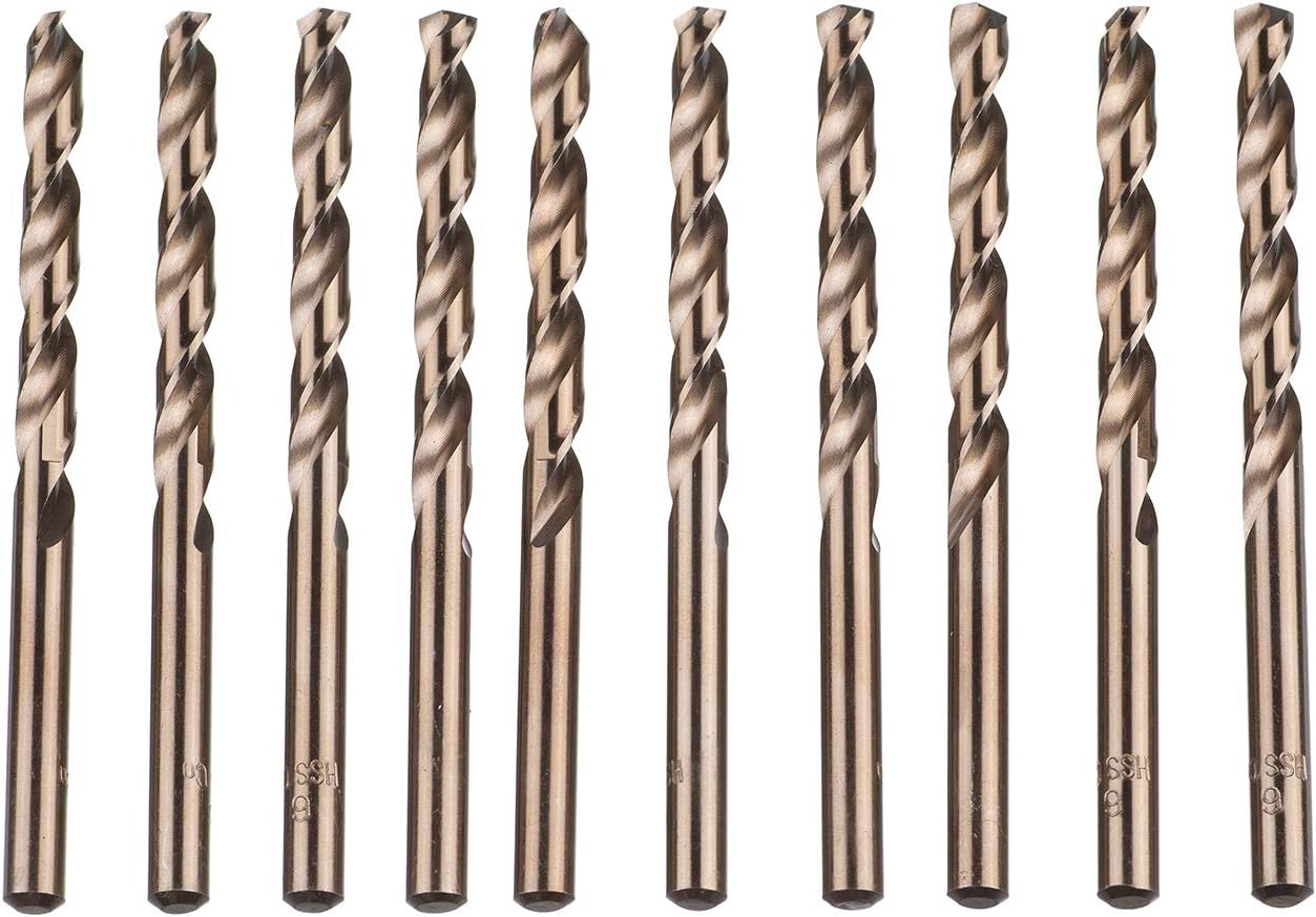 HPMAISON True 5% Cobalt Jobber Drill Bit Set, 10Pcs 6mm M35 High Speed Steel Twist Drill Bits