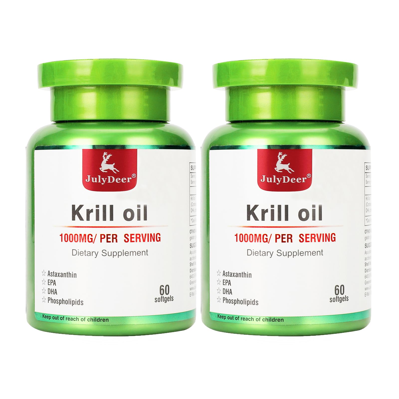 Photo 1 of 2 Bottles Antarctic Krill Oil 1000 mg with Omega-3s EPA, DHA, Astaxanthin and Phospholipids 60 Softgels Supplement No Fishy Aftertaste for Joint, Heart, Brain and Immunity - 120 Softgels