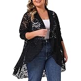 Agnes Orinda Plus Size Lace Cardigan for Women Ruffle Cardigans Open Front Long Sleeve Sheer Lace Crochet Cover Up