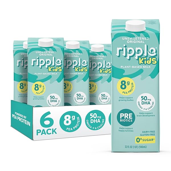 RIPPLE 32 OZ PLANT BASED MILK 8G OF QUALITY SOURCED PEA PROTEIN, CALCIUM RICH | SHELF STABLE | VEGAN & NON GMO CERTIFIED | DAIRY, SOY, NUT, GLUTEN, & LACTOSE FREE (PACK OF 6) (32 FL OZ (PACK OF 6), KIDS UNSWEETENED)