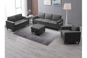 PUREMIND Living Room 4 Pieces Sofa Sets, Convertible Sectional Sofa Couch with 3 Seat Couch, Loveseat, Armchair and Storage Ottoman, Linen Fabric, Comfy Couch Sets for Apartment, Office, Dark Grey