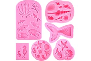 HIHITAOO Mermaid Silicone Mold Marine Fondant Cake Mold 6 Pieces Mermaid Tail Chocolate Candy Soap Resin Polymer Clay Mold Seashell Seaweed Seahorse Sea Turtle Silicone Baking Mold