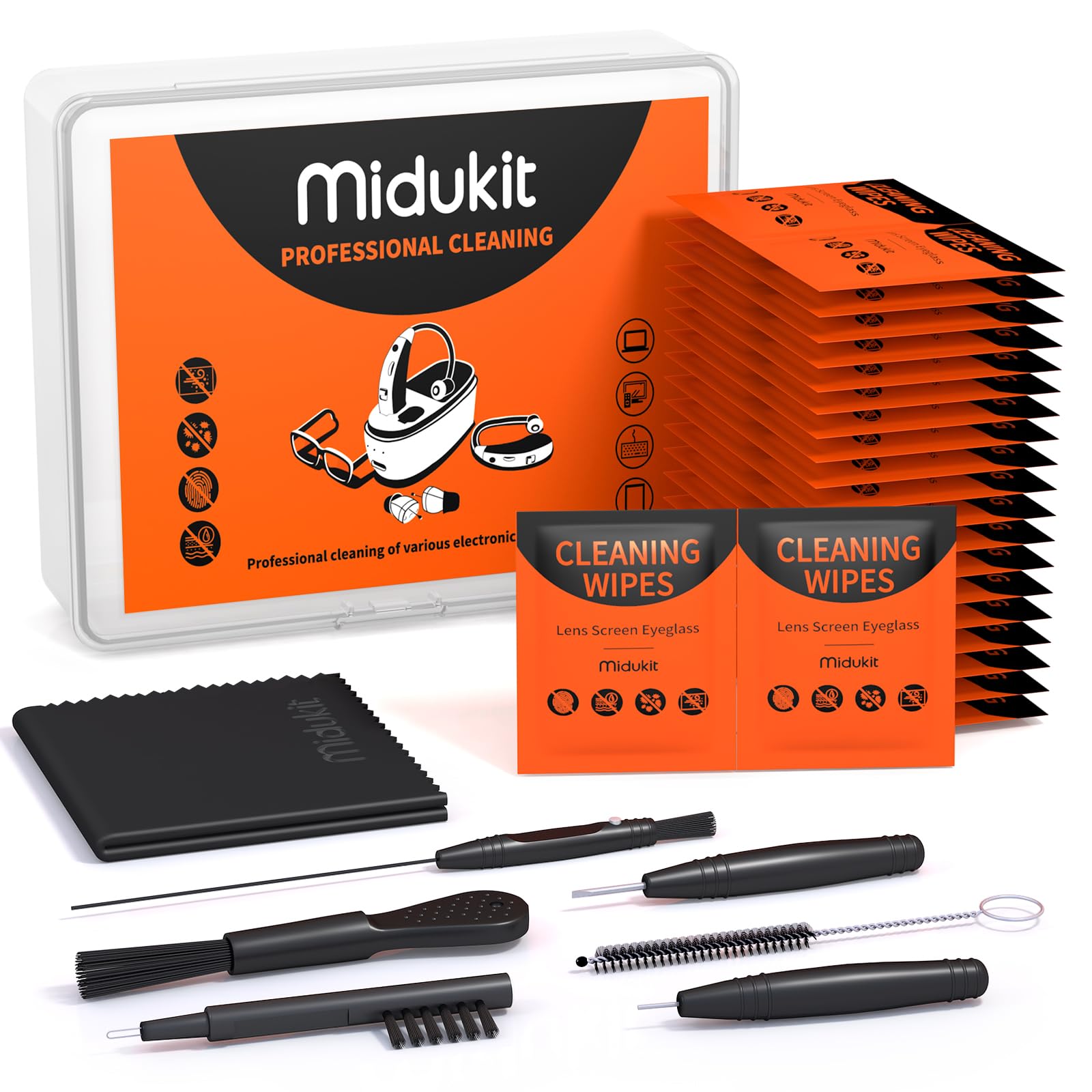 Midukit 58 PCS Hearing Aid Cleaning Kit, Multifunctional, Includes Cleaning Brush, Wax Loop, Magnet, Microfiber Cloth, Wax Guards, Behind-The-Ear Fit