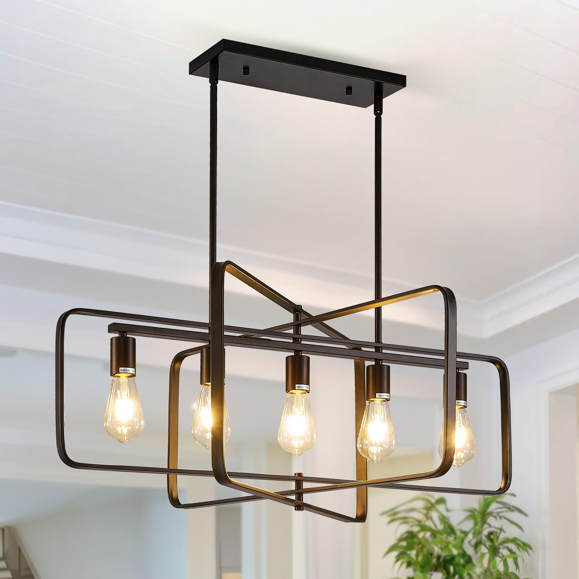 Photo 1 of Dining Room Light Fixture/Chandelier Over Table,5-Light Kitchen Island Lighting Hanging for Farmhouse Linear Chandeliers Matte Black Rectangle Rustic Ceiling Pendant Light Fixtures, Height Adjustable