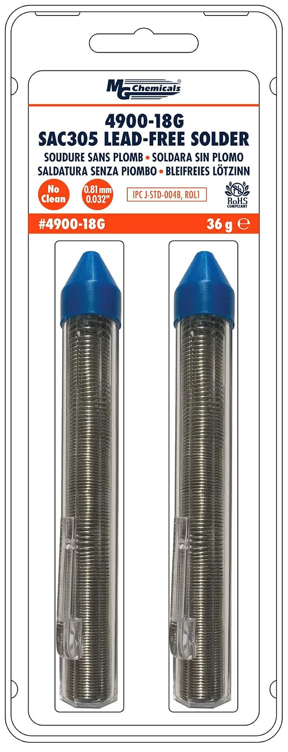 MG Chemicals SAC305 Lead free & No Clean Solder, 96.3% tin, 0.7% copper and 3% Silver, 0.81mm/0.032" Dia. (2-Pack)