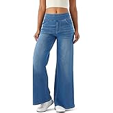 Women's High Rise Wide Leg Jeggings - Stretch Pull On Jeans-Style Pants, Soft Denim with Pockets