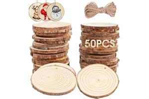 AerWo Natural Wood Slices 50Pcs, DIY Wooden Christmas Ornaments Unfinished Wood Kit Predrilled with Hole Wooden Circles Wood Rounds for Crafts Rustic Christmas Tree Ornaments Decorations, 2-2.5inch