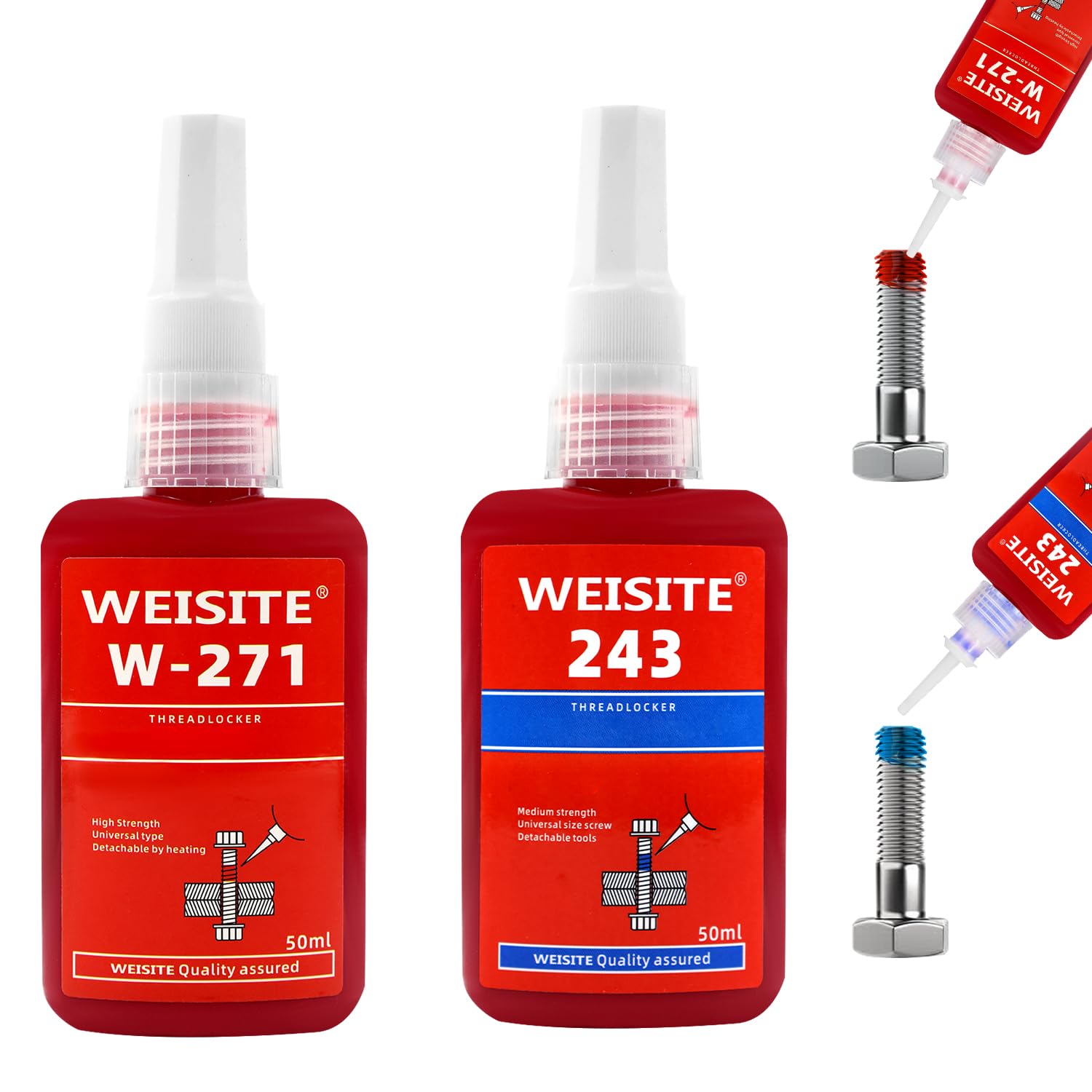 Thread Lock 243 and 271, 2 x 50ml Locktight Threadlock Medium and High Strength Lock, Prevent Nuts, Bolts, Bearings, Fasteners and Screws from Loosening Due to Prolonged Vibration