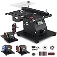4-1 Mini Multi-functional Table Saw with Voltage LED Display and 7 Speed Adjustable, Mini Table Saw for Crafts with 10 Sanding Belts, 90° Adjustable Belt Sander, Dual Bench Grinder