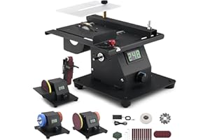 IRONDELIC 4-1 Mini Multi-functional Table Saw with Voltage LED Display and 7 Speed Adjustable, Mini Table Saw for Crafts with 10 Sanding Belts, 90° Adjustable Belt Sander, Dual Bench Grinder