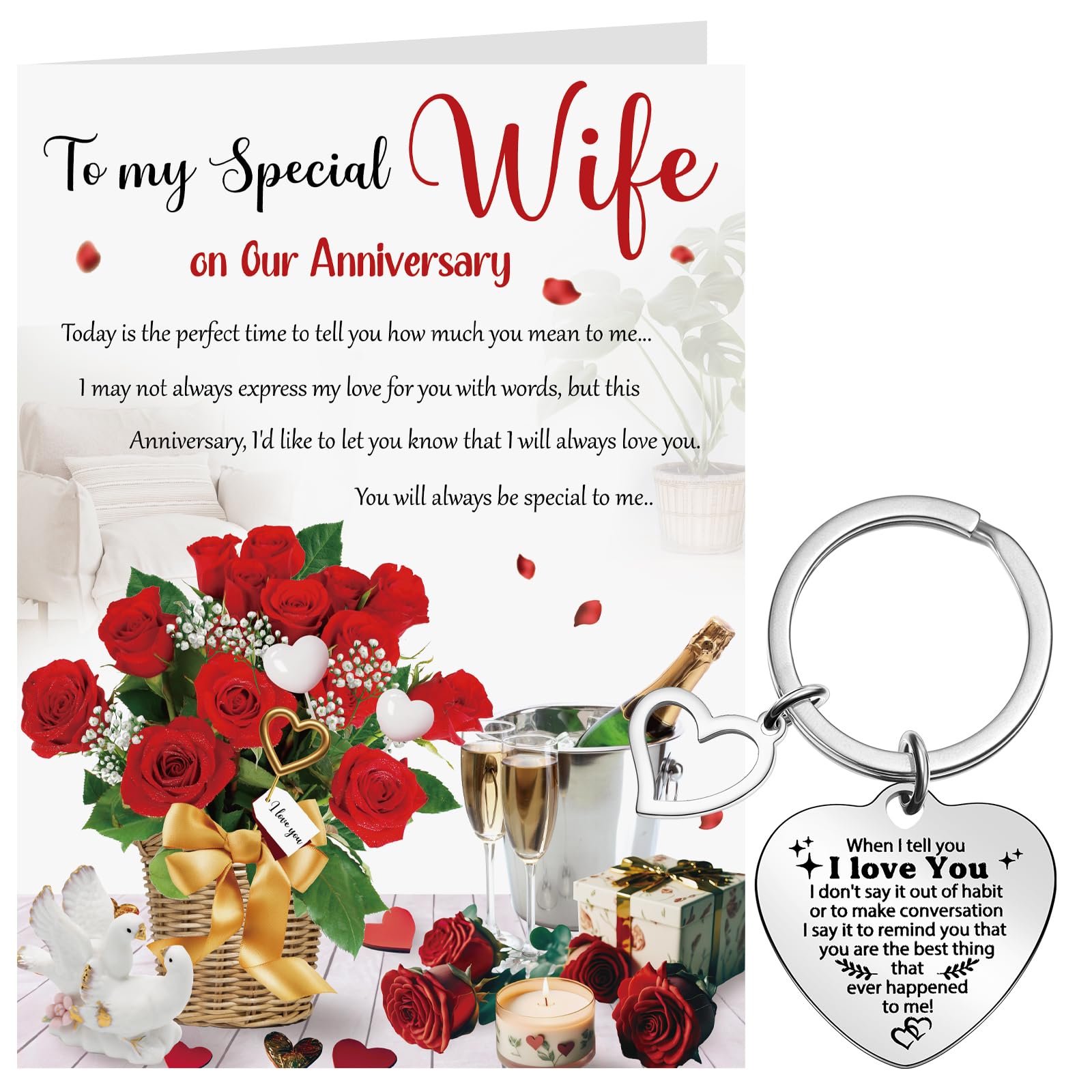 Faccito Wife Anniversary Card Wedding Gifts from Husband Roses and Hearts Anniversary Greeting Card with White Envelope Keyring Keychain for Wife Her Present