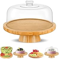 Bamboo Cake Stand with Dome Multi Function 6 in 1 Cake Holder Serving Platter, (12") Round Veggie Stand and Salad Bowl, Decor