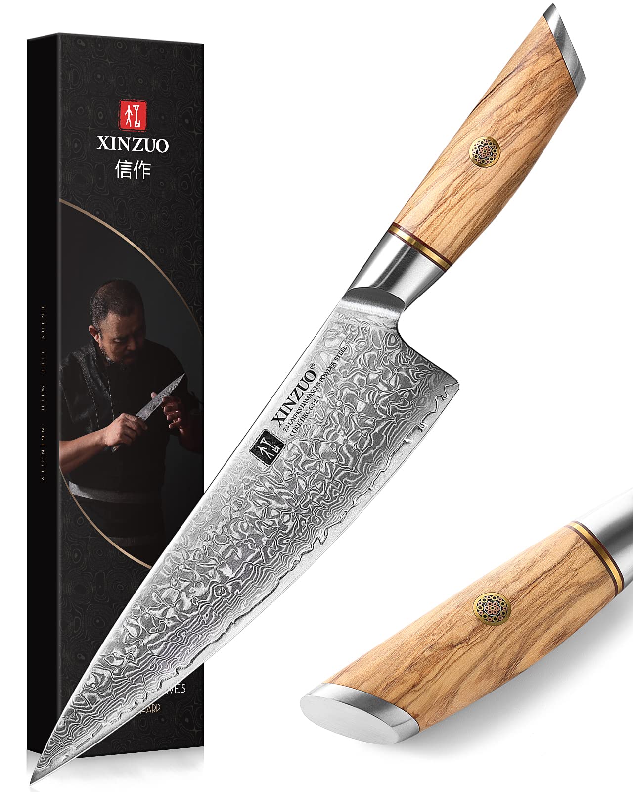 XINZUO 21.2cm Kochmesser 73 Schichten Damastpulverstahl, profi Chefmesser Gyuto-Messer, handgeschmiedet scharfe Klinge Küchenmesser-mit ergonomischer Olivenholz Griff - Lan Series