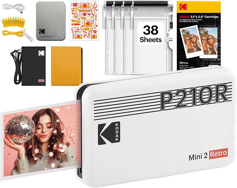 Kodak Mini 2 Retro 4Pass Portable Photo Printer 2.1x3.4 inches Bundled
