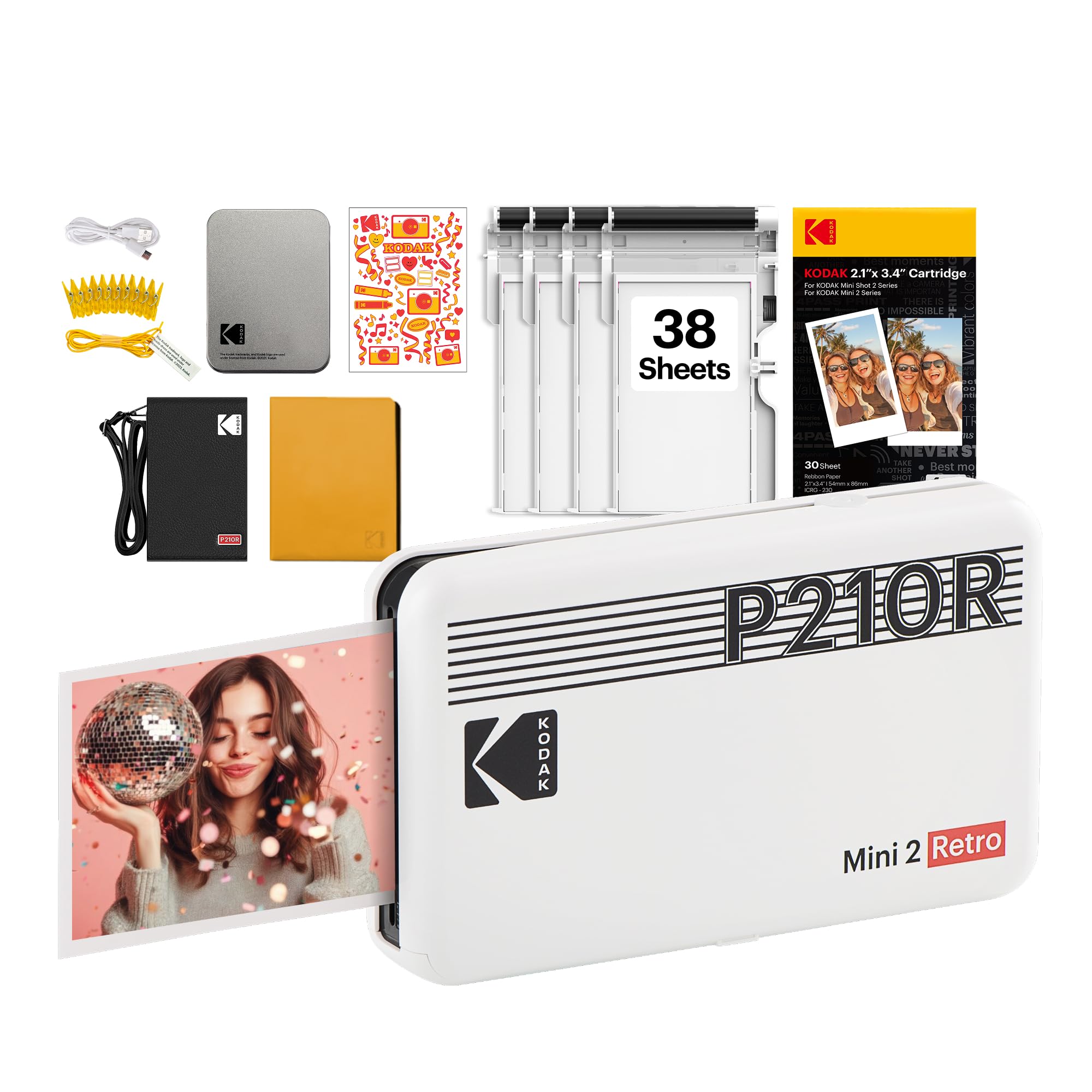KODAK Mini 2 Retro 4PASS Portable Photo Printer (2.1x3.4 inches) Initial 8 Sheets + 30 Sheet Pack, Gift Bundle, White