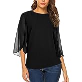 Oyamiki Womens Half Sleeve Layered Flowy Chiffon Blouses Round Neck Shirts Tops