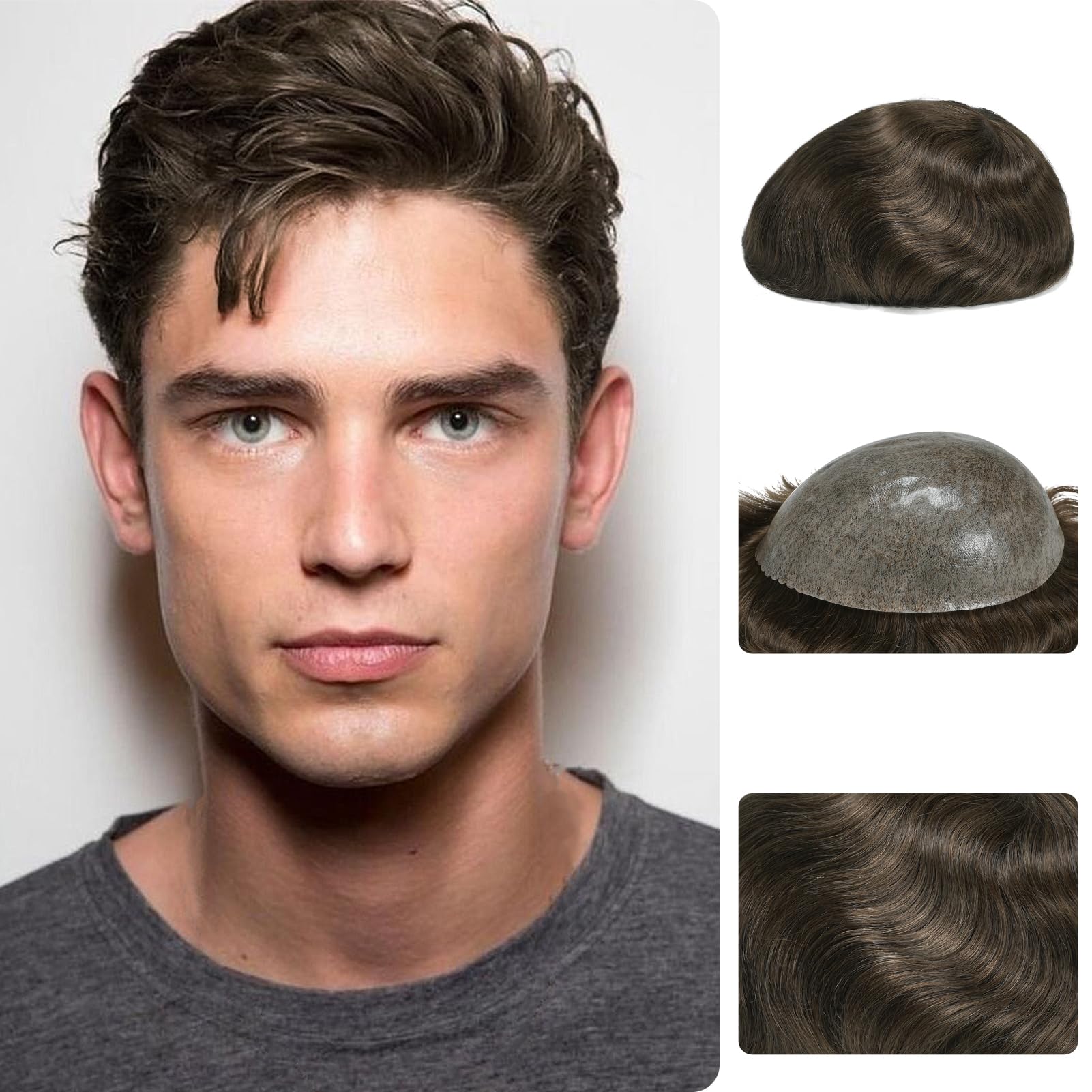 Zakya Hair System for Men Thin Skin Men's Toupee 100% Human Hair Men's Hairpieces 8x10 Inches Base Size Hair Replacement System for Men (Medium Light Brown 6#) — image 1