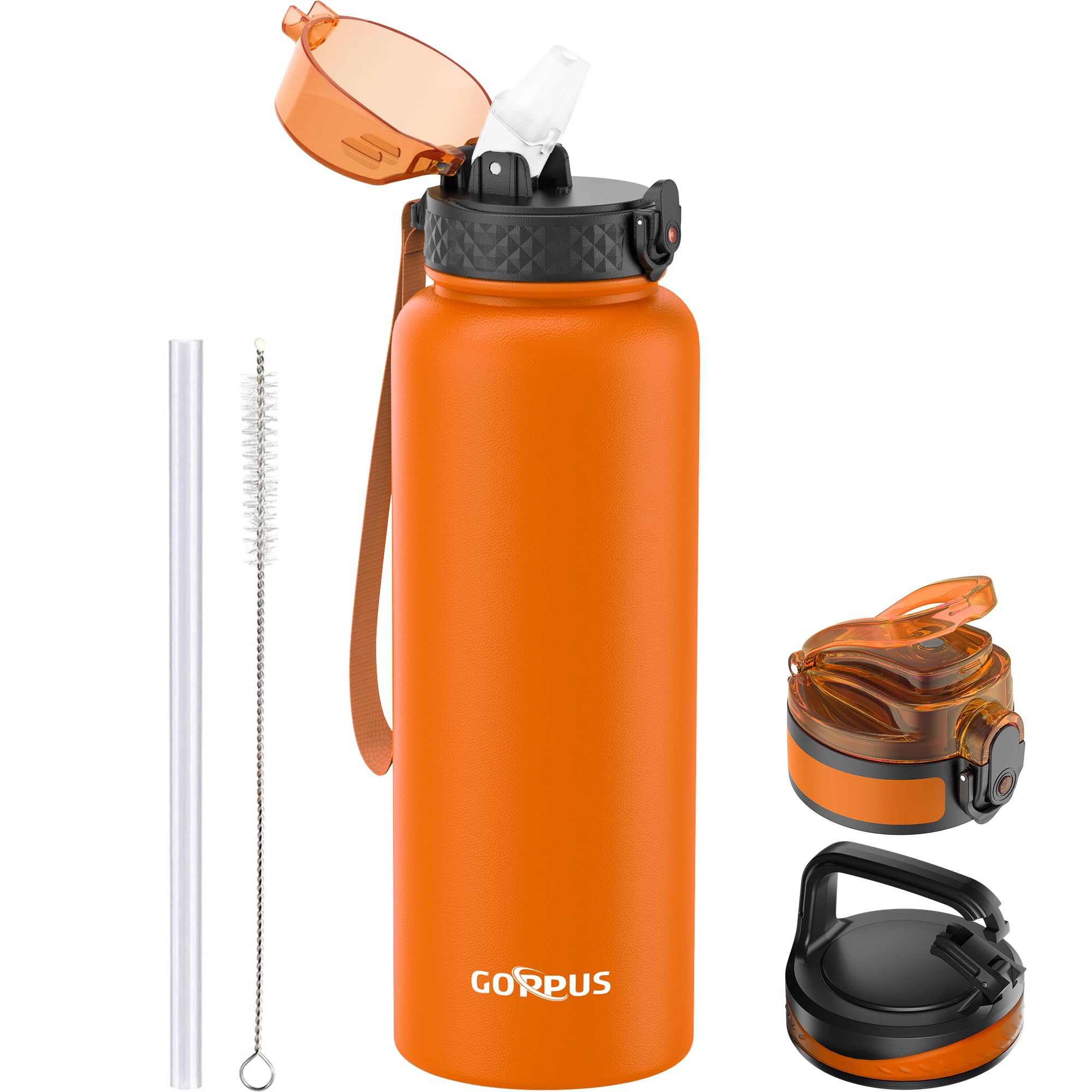 GOPPUS 1.2L/40oz Stainless Water Bottle with Straw Double Wall Insulated Bottles with Strap Large Vacuum Thermal Flask Leakproof Keep Cold Drinks Bottles with Flip Top Lid for Men Women BPA Free