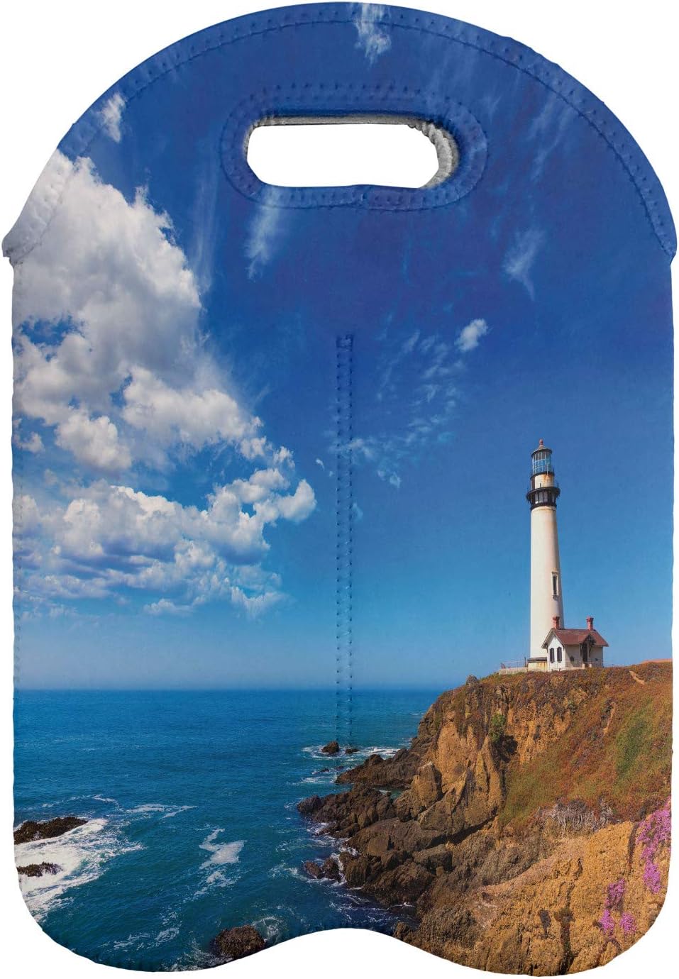Amazon Com Lunarable Lighthouse Wine Bottle Carrier California City Pigeon Point Lighthouse In Cabrillo Coastal Image Print Portable Neoprene Bag For Champagne And Water Bottles 2 Bottles Blue White Brown Bar Tools