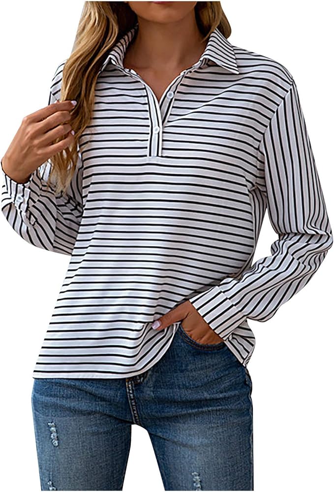 Women's Striped Shirt Long Sleeve Round Neck Casual Classic Button Down Loose Tops White at 