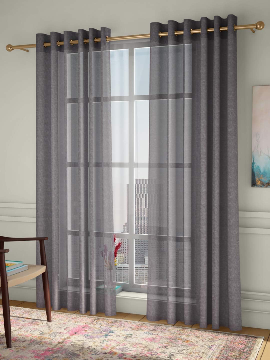 Curtain Label Set of 2 Vegas Linen Look Sheer Eyelet Pleat Curtain - 4.5 X 7 Feet, Grey