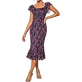 Summer Dresses for Women Floral Bodycon Midi Dress Mesh Stretch Fitted Bridal Shower Dresses for Wedding Guest
