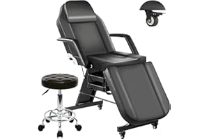 KIIUMI Tattoo Chairs for Esthetician Facial Bed, Lash Tattoo Client Chair with Lockabele Wheels, Adjustable Massage Table for Artist with Storage Tray, Beauty Salon Spa Equipment with Towel Hook, Black